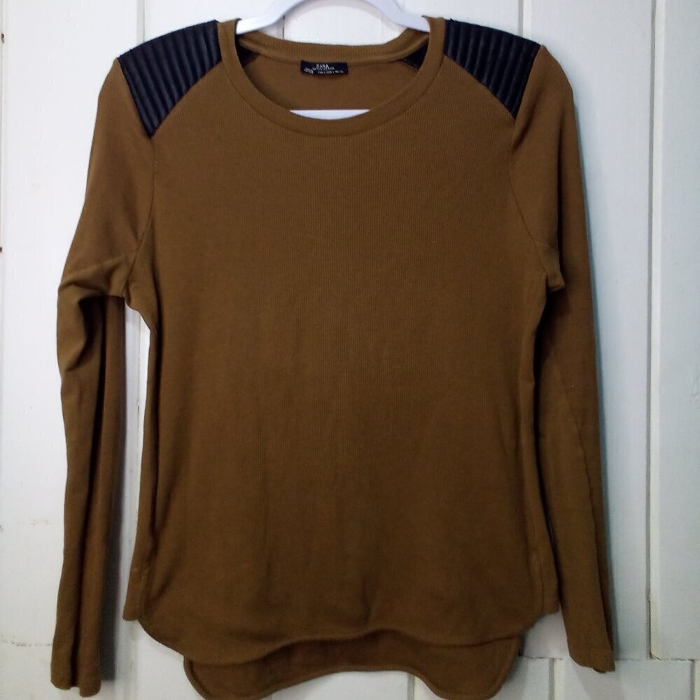 Zara Shirt Women L Long Sleeve Ribbed Faux Leather Shoulder Patch Brown Black